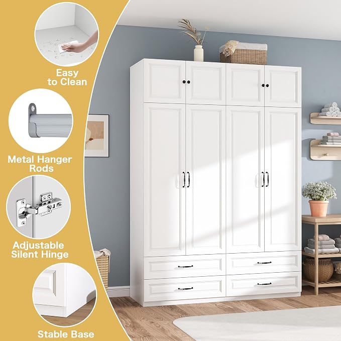 Armoire Wardrobe Closet with Doors: 89" Extra Tall White Wardrobe with Storage on Top, Bedroom Armoires with 4 Doors and 4 Drawers, Large Wood Closet Armoire for Hanging Clothes