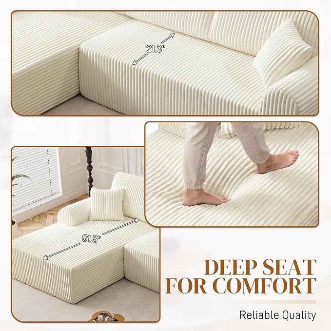 110" L Shaped Boneless Sectional Couches for Living Room, Comfy Corduroy Floor Cloud Sofa with Chaise, Wide Armrest, Deep Seat, Memory Foam, Assembly Free, Ideal for Small Spaces, Beige