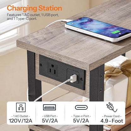 HOOBRO Narrow Side Table, 3-Tier Slim End Table with Charging Station, Skinny Nightstand with Open Storage, for Small Spaces, Living Room, Bedroom, Study, Rustic Brown and Black BG340UBZ01