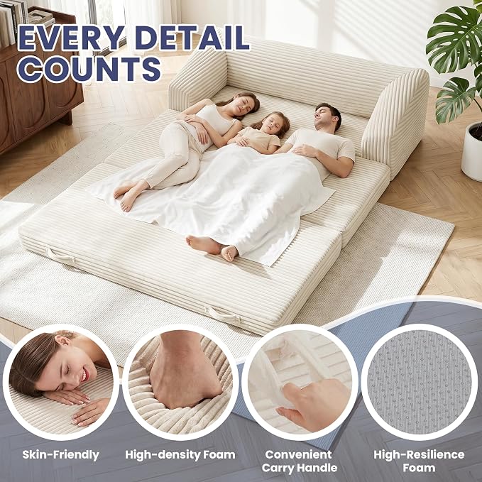 JUIKURY Convertible Sofa Bed, 3-in-1 Foldable Loveseat Couch with Armrest, Corduroy Floor Sofa & Sleeper Bed, No Assembly High-Density Foam Futon Mattress for Living Room, Small Apartment, Dorm