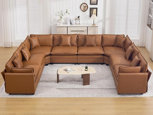 147'' Oversized U Shaped Cloud Sectional Sofa, Leather Deep Seat Couches for Living Room, Comfy Upholstered Modular Sectional Sofa Couch, Leather Light Brown