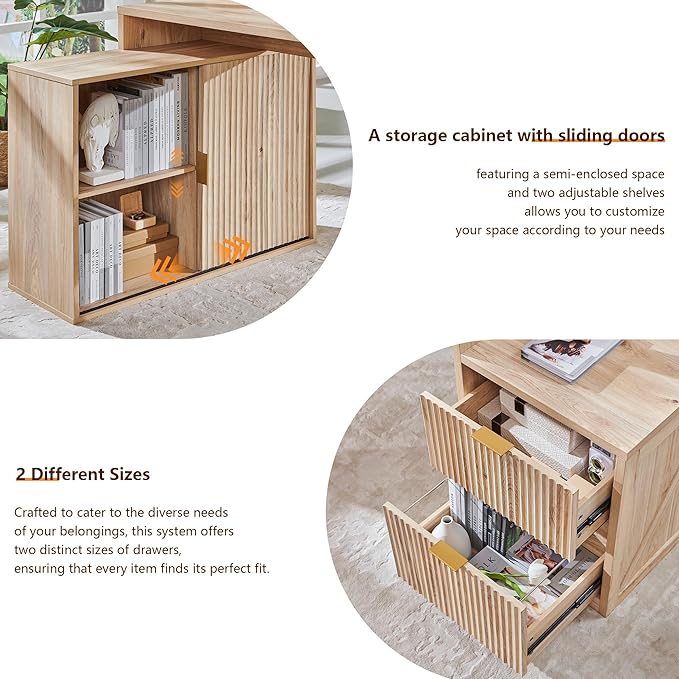 67" Modern Desk with Cabinet & 2 Drawers, Office Desk Built‑in Outlet | luted Computer Writing Desk, storage cabinet with sliding doors, Oak