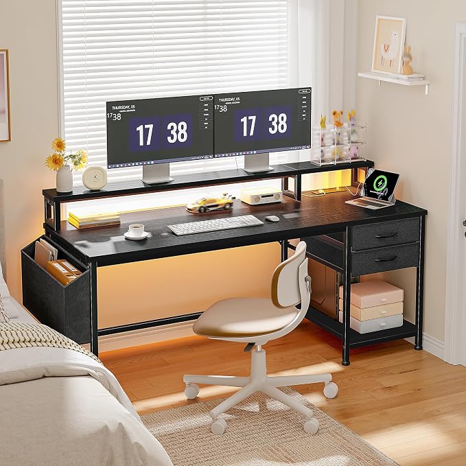 DurayLoly 55" Gaming Desk with RGB Lights & Power Outlets for Teens | Wireless Remote Full-Color Strip, Various Lighting Modes, Level Up Teens Gaming Vibe or Study for Protect Eyes In Bedroom