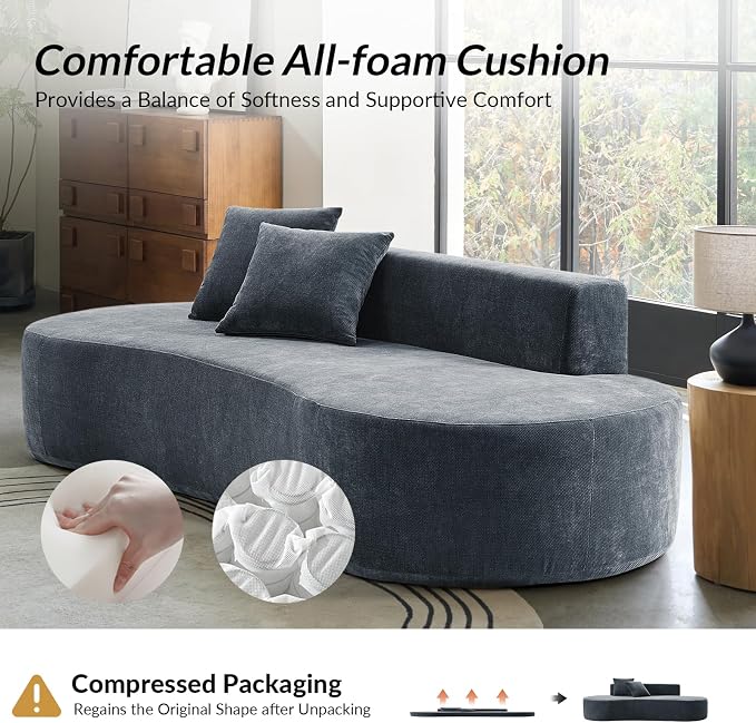 94.5" Boneless Sofa with 2 Pillows, 3 Seater Compressed Foam Sofa with Half Moon Design & Deep Seat, No Assembly Required, Modern Cloud Couch for Living Room, Blue
