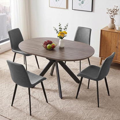 HIPIHOM 43.2"-59.1" Round Dining Kitchen Table with 4 PU Leather Chairs | Mid century modern oak MDF board, scratch resistant & easy clean, space saving, fits 4-6 person