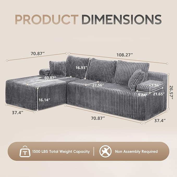 Hobestluk Boneless Couch Modular Sectional Sofa L-Shape Oversized Chaise | 108" Left Facing Chaise Light Grey,Memory Foam,Removable Cover,Non-slip Bottom,No Assemble Required,Living Room Furniture