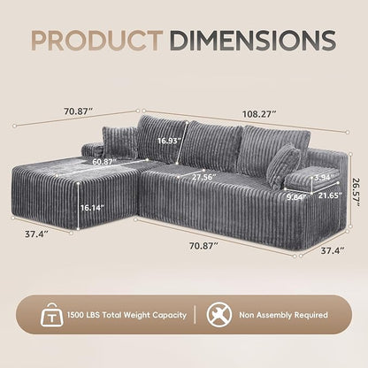 Hobestluk Boneless Couch Modular Sectional Sofa L-Shape Oversized Chaise | 108" Left Facing Chaise Light Grey,Memory Foam,Removable Cover,Non-slip Bottom,No Assemble Required,Living Room Furniture