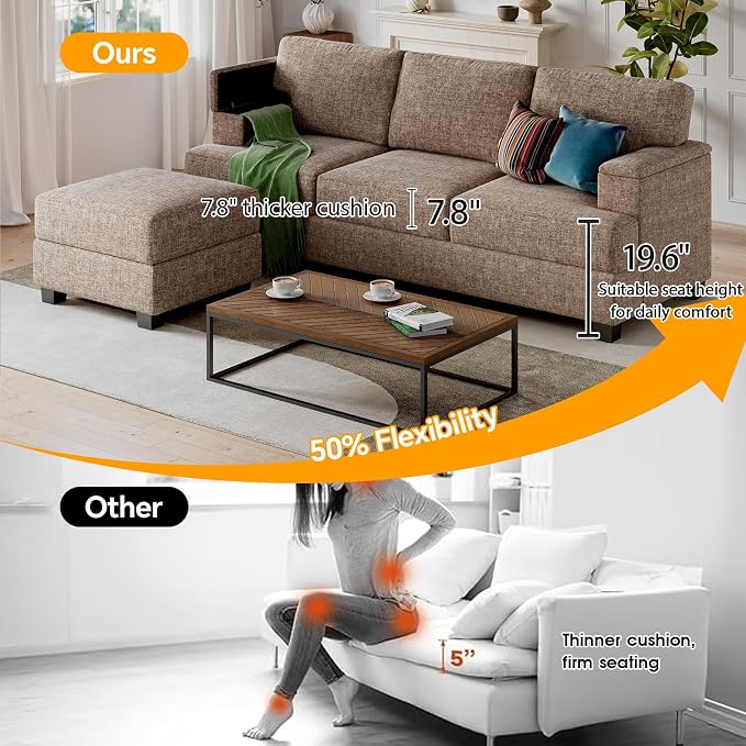 Rexulqo 85'' L Shaped Couch with Armrest Organizer,3 Seats Sofas with Movable Ottoman,Comfy Sectional Sofa with Thick Cushion,Sectional Couches for Living Room,Bedroom,Apartment,Chenille,Brown
