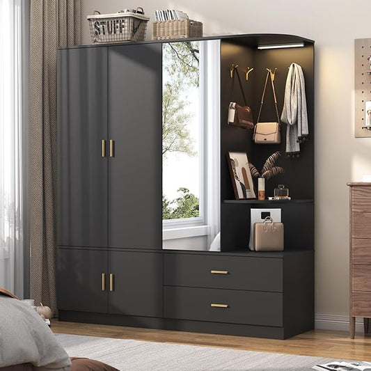 XVD Armoire Wardrobe Closet with Mirror & Sensor Light, Bedroom Armoire with 5 Doors & 2 Drawers, Modern Wooden Large Wardrobe Closet with Shelves, 4 Metal Hooks, 2 Hanging Roods, Open Space, Black
