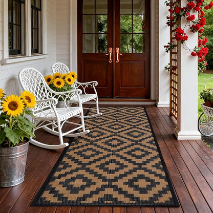 SAND MINE Reversible Mats, Plastic Straw Rug, Modern Area Rug, Large Floor Mat and Rug for Outdoors, RV, Patio, Backyard, Deck, Picnic, Beach, Trailer, Camping, Black & Brown, 2.5' x 8'