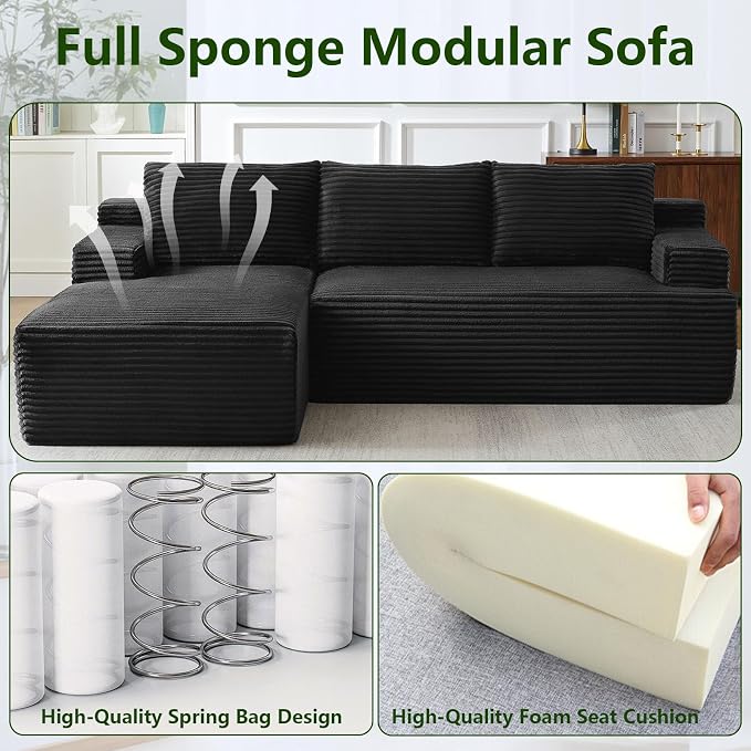 96" Modular Sectional Sofa, Modern Corduroy Cloud Couch with Side Pockets, Boneless Couch Upholstered 3-Seater L-Shaped Sofa for Living Room, No Assembly Required (Black, Left-Facing Chaise)