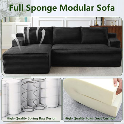 96" Modular Sectional Sofa, Modern Corduroy Cloud Couch with Side Pockets, Boneless Couch Upholstered 3-Seater L-Shaped Sofa for Living Room, No Assembly Required (Black, Left-Facing Chaise)
