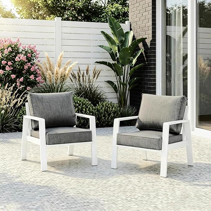 2 Pieces Aluminum Outdoor Armchair, Oversized Patio Couch, Modern Sofa All Weather Metal Furniture Set with 5" Cushions (White/Dark Grey
