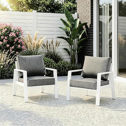 2 Pieces Aluminum Outdoor Armchair, Oversized Patio Couch, Modern Sofa All Weather Metal Furniture Set with 5" Cushions (White/Dark Grey