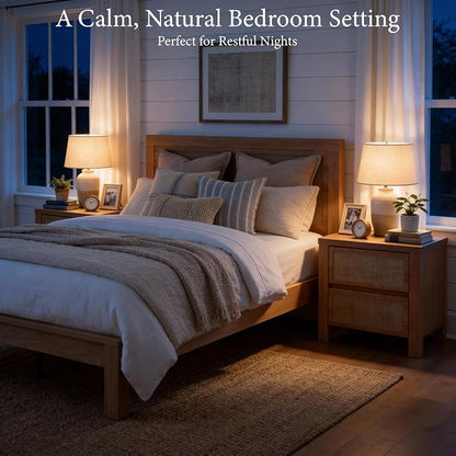 XIAO WEI 3-Piece Boho Bedroom Furniture Set, Full Wood Bed Frame with Tall Rattan Headboard, Night Stand Set of 2 with Charging Station, Modern Bedroom Furniture Set