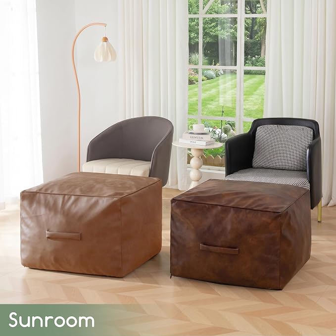 HIGOGOGO Square Stuffed Pouf Ottoman, Pu Leather Poufs with Foam Chunk Filling, Furry and Fluffy Pouf Foot Stool Storage Ottoman,26x18 Inches Floor Poufs Foot Rest for Living Room, Brown