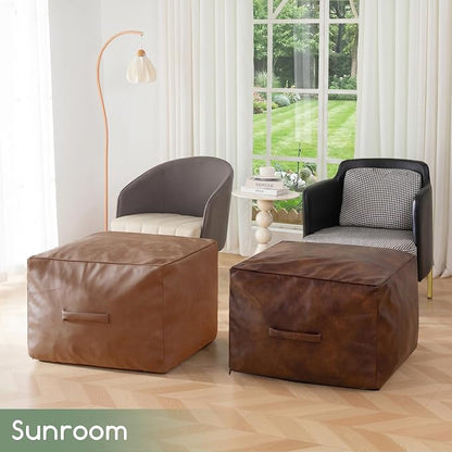 HIGOGOGO Square Stuffed Pouf Ottoman, Pu Leather Poufs with Foam Chunk Filling, Furry and Fluffy Pouf Foot Stool Storage Ottoman,26x18 Inches Floor Poufs Foot Rest for Living Room, Brown