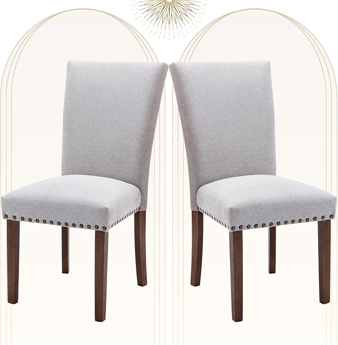 COLAMY Upholstered Parsons Dining Chairs Set of 2, Fabric Dining Room Kitchen Side Chair with Nailhead Trim and Wood Legs - Light Grey