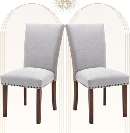 COLAMY Upholstered Parsons Dining Chairs Set of 2, Fabric Dining Room Kitchen Side Chair with Nailhead Trim and Wood Legs - Light Grey