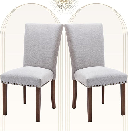 COLAMY Upholstered Parsons Dining Chairs Set of 2, Fabric Dining Room Kitchen Side Chair with Nailhead Trim and Wood Legs - Light Grey
