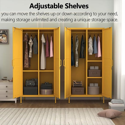 Lockable Metal Wardrobe Closet with Doors, 67" Coat Closet,Metal Storage Cabinet Locker with Removable Hanging Rod And Adjustable Shelves for Home Bedroom Office Yellow Size：67" H X 31.5" W X 18.1" D
