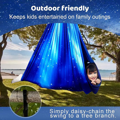 HiCamer Double Layer Sensory Swing for Kids & Adults Holds up to 300lbs Indoor and Outdoor Therapy Cuddle Swing with 360° Swivel Hanger Kit Adjustable with Aspergers Autism ADHD (Star Blue)