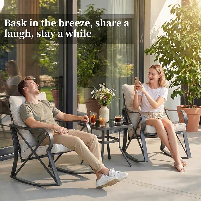 COSIEST 3 Piece Bistro Set Patio Rocking Chairs Outdoor Furniture w Beige Cushions, Glass-Top Table for Garden, Pool, Backyard