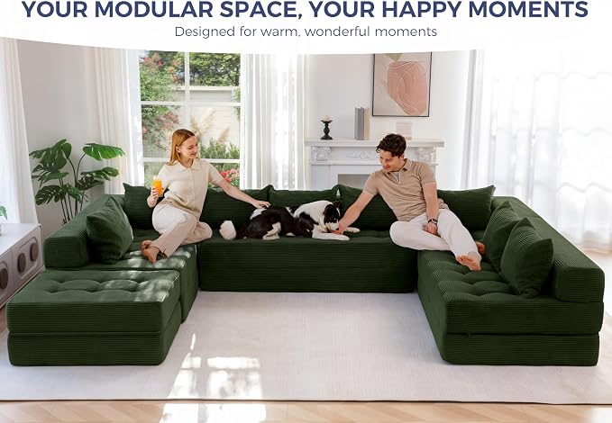 MAXYOYO Modular Sectional Sofa Couch, Foldable Oversized U Shaped Cloud Couch with Pillows, Tufted Boneless Lounger Floor Sofa Bed for Living Room, No Assembly Required, Dark Green