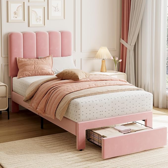 GarveeHome Twin Bed Frame with Under-Bed Drawer, Upholstered Platform Bed with Wave Headboard for Kids/Girls, Wooden Slats Support, No Box Spring Needed, Velvet Pink, 2 Sets