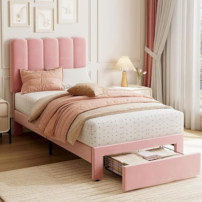 GarveeHome Twin Bed Frame with Under-Bed Drawer, Upholstered Platform Bed with Wave Headboard for Kids/Girls, Wooden Slats Support, No Box Spring Needed, Velvet Pink