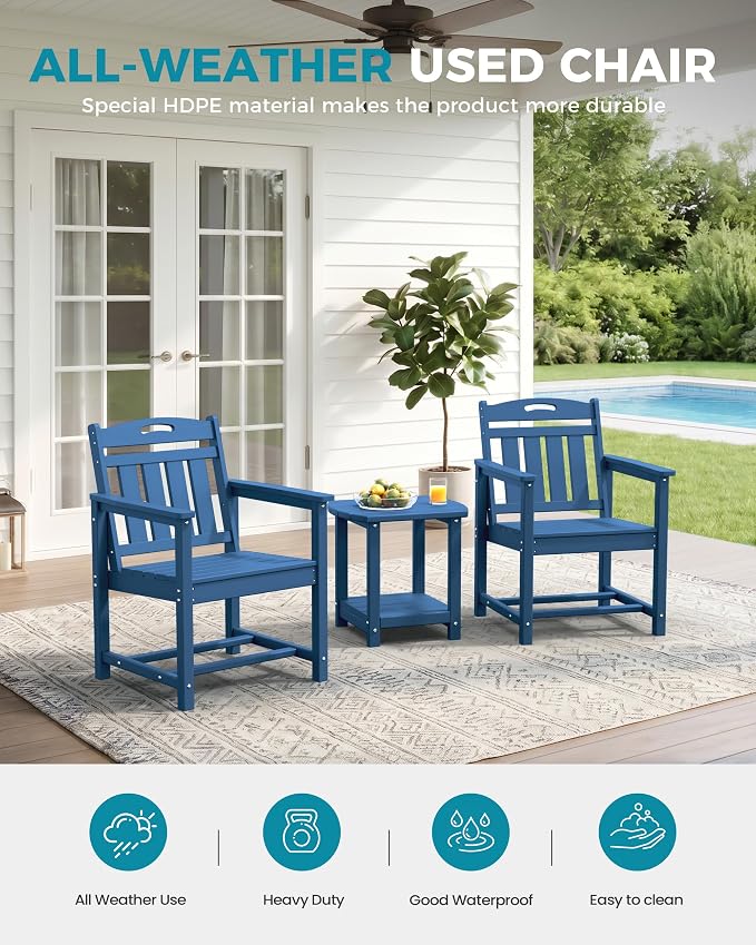 Ciokea HDPE Outdoor Patio Dining Chairs Set of 2, All-Weather Porch Chair with Wide Seat, Durable Outdoor Furniture for Backyard, Garden, Lawn & Poolside, Navy Blue