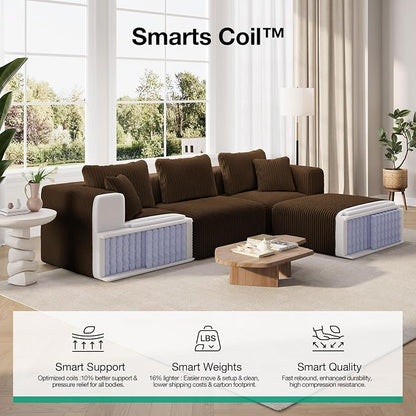 Novilla 106" Modular Sectional Sofa, Modern Cloud Sectional Couch with Smarts Coil® Support, L-Shape Boneless Couch for Living Room Apartments, No Assembly Required, Brown (3 Seat w/ 1 Ottoman)