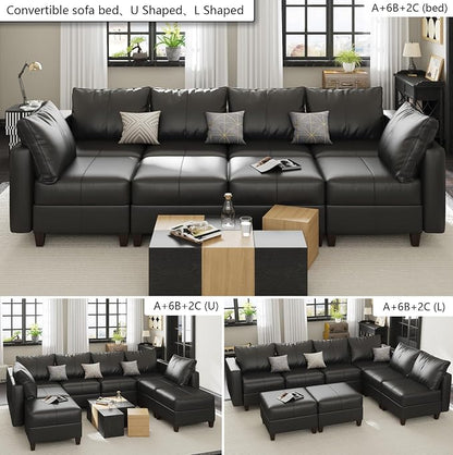 EASE MOOSE Modular Sofa Sectional Couch with Storage Ottomans,Black Faux Leather Sectional Sofa U Shaped Sofa Modular Sectional Sofa Couch