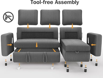 Vipbear 80" Sectional Sleeper Sofa Bed with Pull Out Bed, L Shaped Couch Pull Out Couch with Reclining Backrest, Reversible Storage Chaise, USB Ports, Tool-Free Assembly, Corduroy Dark Grey