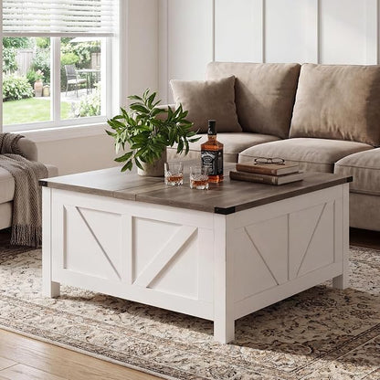35” Farmhouse Coffee Table with Large Storage, Rustic Wood Lift Top Coffee Table for Living Room, Square Center Table with Charging Station&USB, Modern Port Pottery Barn Lift top Table