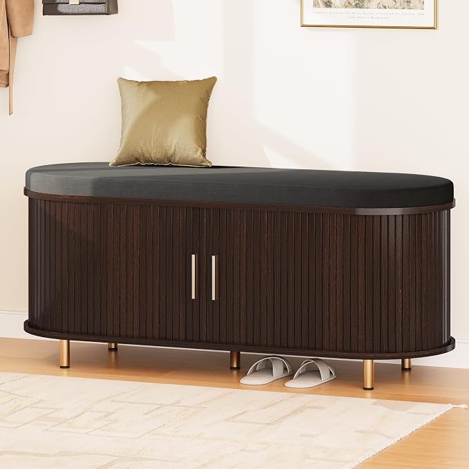 DHH 2-Tier Storage Bench,Wide Shoe Bench with Thickened Padded Seat Cushion, Mid Century Modern Fluted Sliding Door and Adjustable Shelf, for Entryway, Living Room, Bedroom (Dark Walnut, 43.3“)