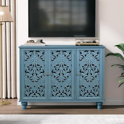 JOINICE 42.5" Accent Storage Cabinet with 3 Carved Doors,Mandala Blue | Versatile Storage for Living Room/Dining Room/Bedroom/TV Stand, Solid Wood Legs, Farmhouse/Rustic Style, Adjustable Shelf