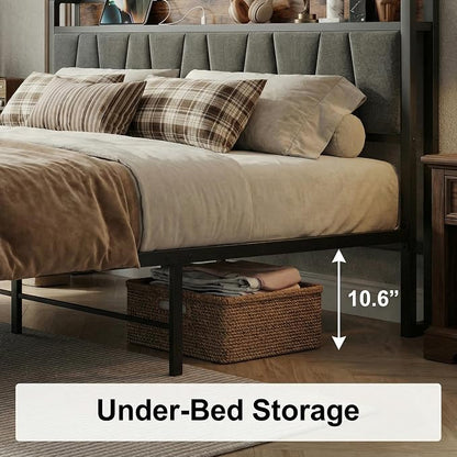 LIKIMIO King Size Bed Frame with 2 Drawers and Charging Station | Platform Bed with Upholstered Storage Headboard, No Box Spring Needed, Easy Assembly, Sturdy, Industrial Brown and Gray