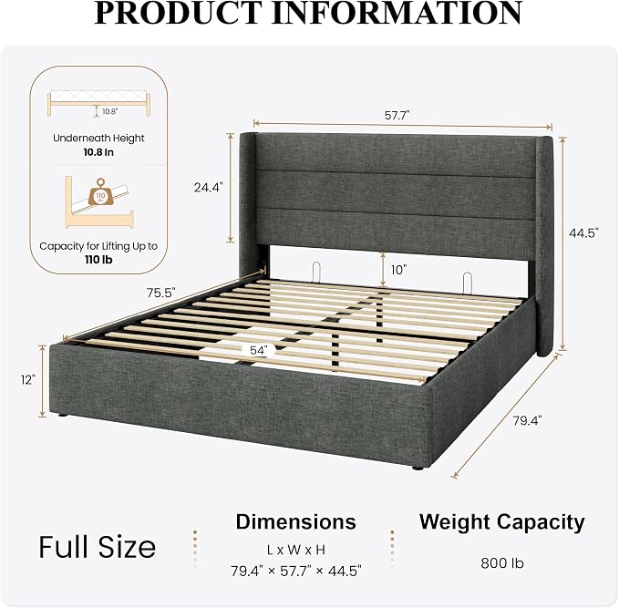 SHA CERLIN Full Size Lift Up Storage Bed/Modern Wingback Headboard/Upholstered Platform Bed Frame/Hydraulic Storage/No Box Spring Needed/Wood Slats Support/Dark Grey