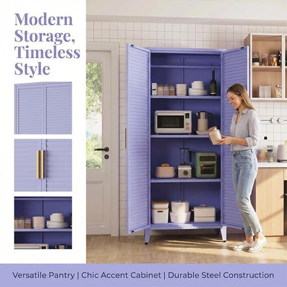 61" Tall Purple Kitchen Pantry Cabinet, Farmhouse Metal Pantry Storage Cabinets, with 2 Louvered Door and 3 Adjustable Shelves, Multipurpose Storage Organizer, for Home, Entryway, Kids Room