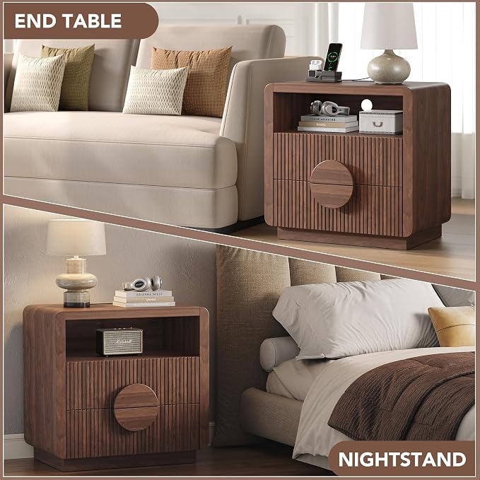 23" Wide Fluted Nightstand, Mid Century Bedside Table with Charging Station, Wood End Table with 2 Drawers and Open Shelf for Bedroom, Home Office, Walnut