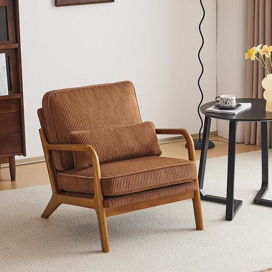 Karl home Mid-Century Modern Accent Reading Chair, Brown | Corduroy Upholstered, Solid Wood Frame, Soft Cushion, Lumbar Pillow, Lounge Armchair for Living Room, Bedroom, Balcony, Study