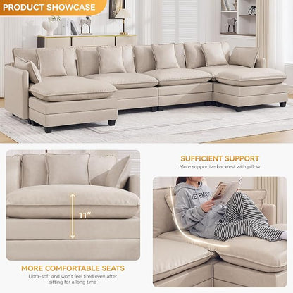 147'' Sectional Cloud Deep Seat Couch, Oversized Leather U Shaped Sectional Sofa for Living Room Set, Comfy Upholstered Modular Sectional Sofa Couch with Movable Ottoman, Leather Beige