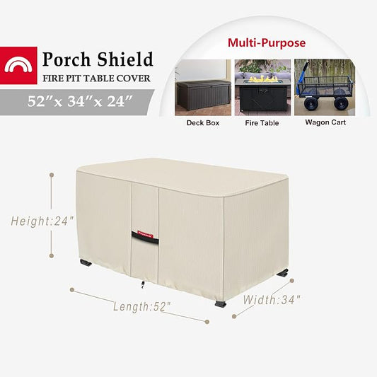 Porch Shield Patio Fire Pit Cover - Waterproof 600D Outdoor Rectangular Fire Table Cover Deck Box Protector - 52 x 34 inch, Beige
