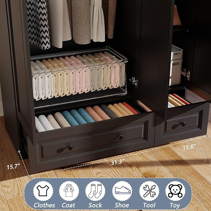 Armoire Wardrobe Closet with Drawers: 74" Black Tall Wardrobe Cabinet with Hanging Rod, Wooden Closet with 3 Doors and 2 Drawers, Modern Bedroom Armoires