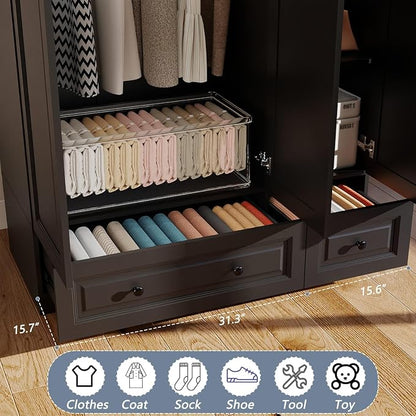 Armoire Wardrobe Closet with Drawers: 74" Black Tall Wardrobe Cabinet with Hanging Rod, Wooden Closet with 3 Doors and 2 Drawers, Modern Bedroom Armoires
