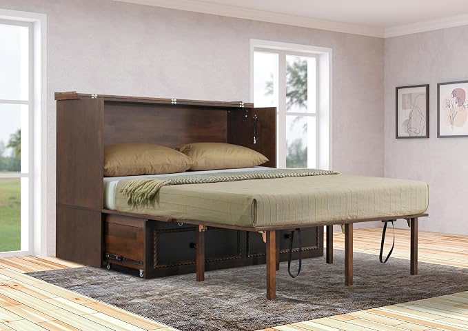 Mega Solutions Venetian Murphy Cabinet Bed with Deepest Storage Drawer On The Market and USB Charging Station 6 inch (Heritage Walnut, Queen)
