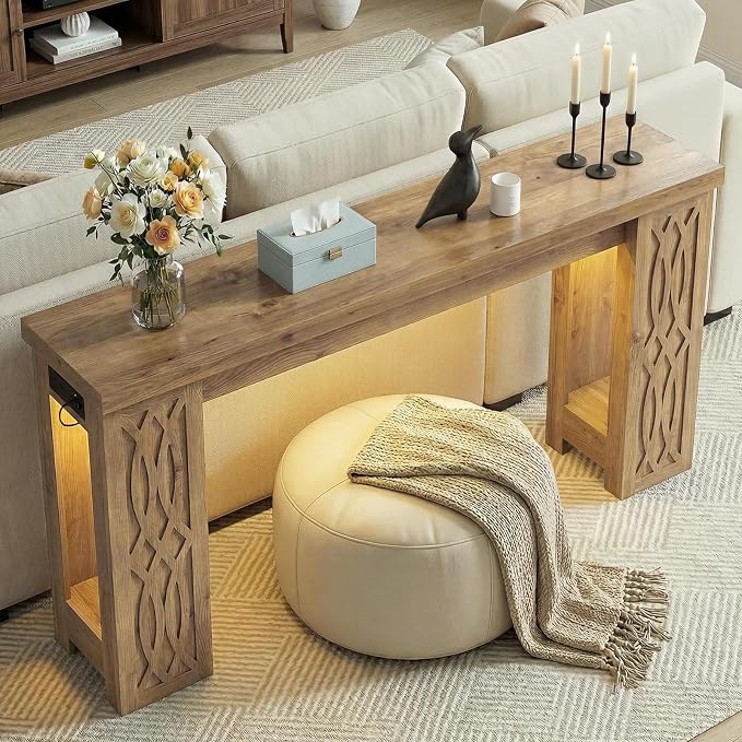Cyclysio 47" Console Table with Outlet, Farmhouse Entryway Table with Colorful LED Lights, Wooden Sofa Table with Unique Carved Design, Foyer Accent Table for Entrance, Hallway, Living Room Natural