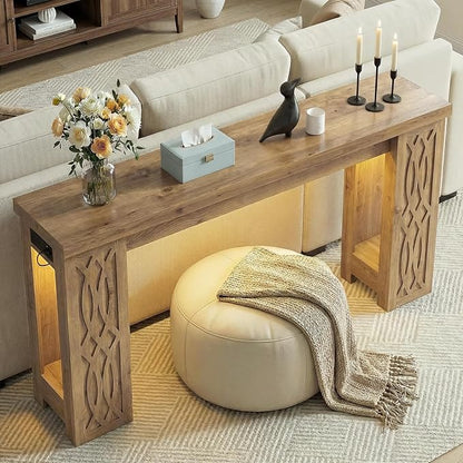 Cyclysio 47" Console Table with Outlet, Farmhouse Entryway Table with Colorful LED Lights, Wooden Sofa Table with Unique Carved Design, Foyer Accent Table for Entrance, Hallway, Living Room Natural
