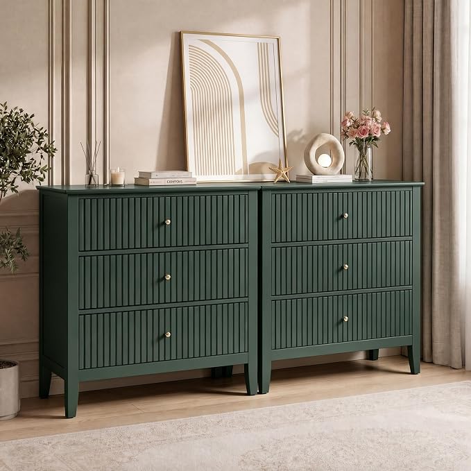 RoyalCraft Large 3 Drawer Dresser Set of 2, Fluted Chest of Drawers with Storage, Modern Painted 30 inch Tall Nightstand for Bedroom Living Room Entryway, Dark Green
